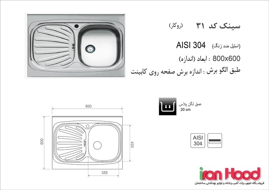 ابعاد سینک اخوان روکار مدل 31